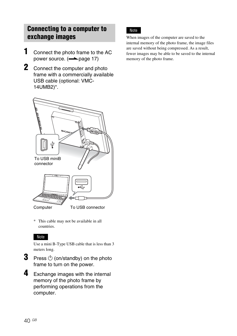 Connecting to a computer to exchange images | Sony S-FRAME DPF-V900 User Manual | Page 40 / 56
