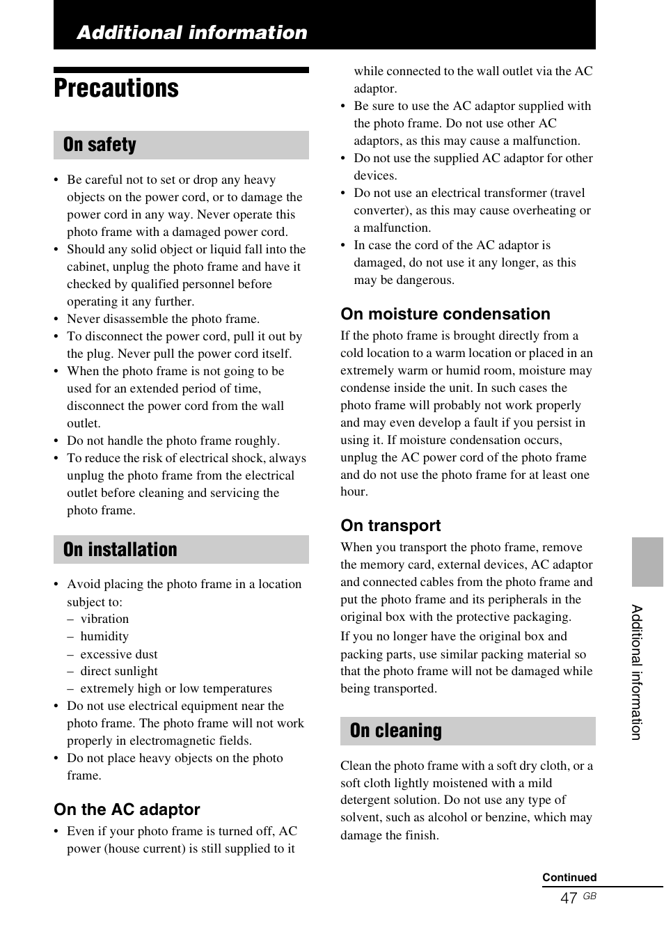 Additional information, Precautions, On safety | On installation, On cleaning, On safety on installation on cleaning | Sony S-FRAME DPF-V900 User Manual | Page 47 / 56