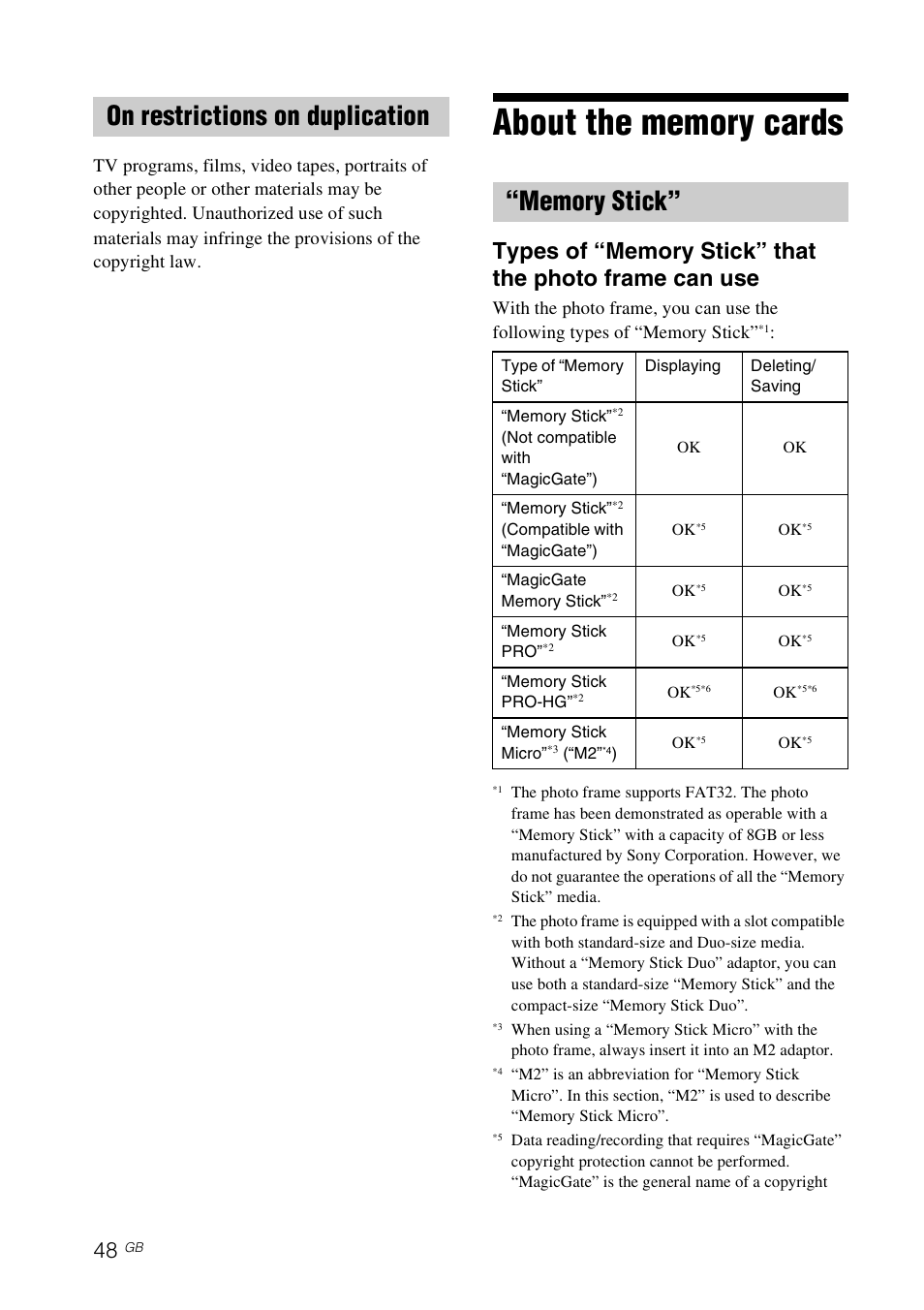 On restrictions on duplication, About the memory cards, Memory stick | Sony S-FRAME DPF-V900 User Manual | Page 48 / 56