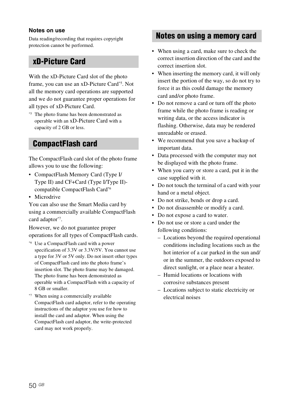 Xd-picture card, Compactflash card, Notes on using a memory card | Sony S-FRAME DPF-V900 User Manual | Page 50 / 56