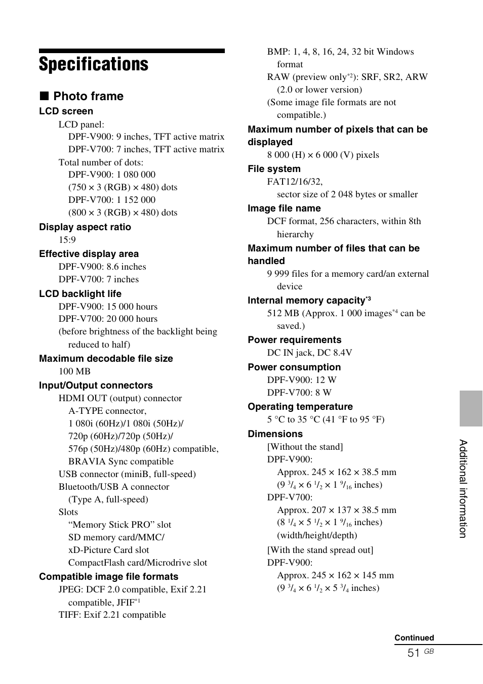Specifications, X photo frame | Sony S-FRAME DPF-V900 User Manual | Page 51 / 56