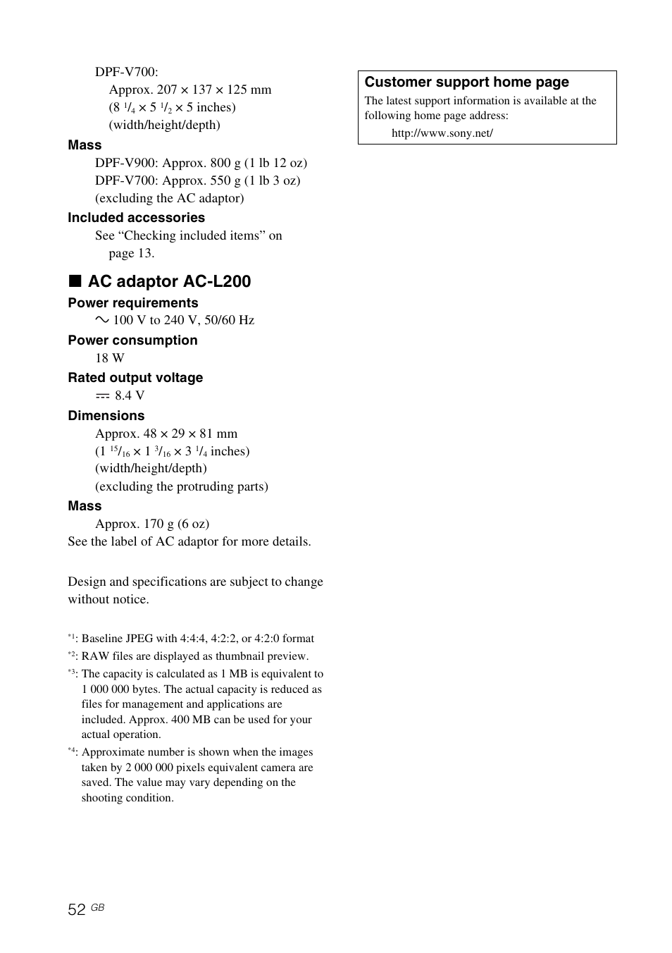 X ac adaptor ac-l200 | Sony S-FRAME DPF-V900 User Manual | Page 52 / 56