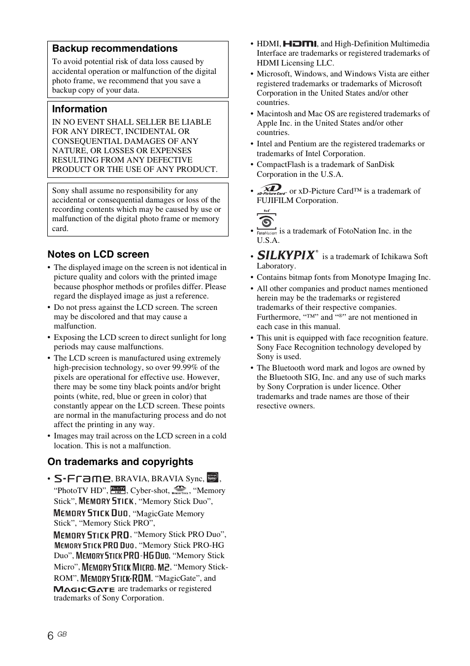 On trademarks and copyrights, Backup recommendations, Information | Sony S-FRAME DPF-V900 User Manual | Page 6 / 56