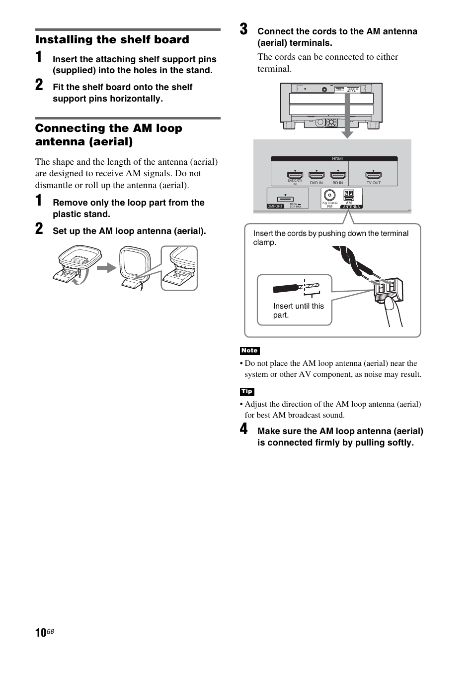 Installing the shelf board, Connecting the am loop antenna (aerial) | Sony 4-129-925-11(1) User Manual | Page 10 / 48