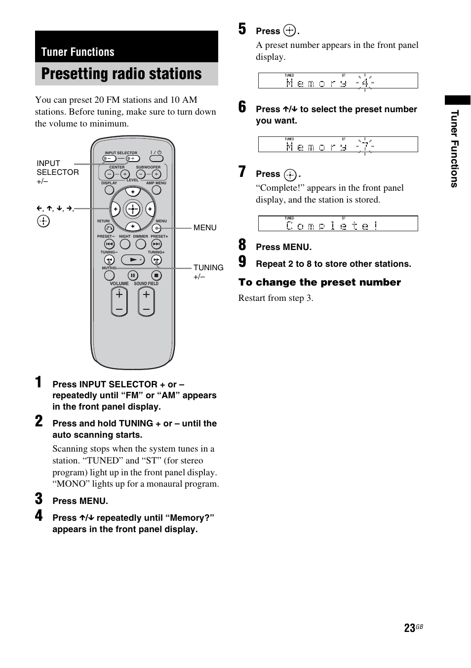 Tuner functions, Presetting radio stations, D (23) | Tuner f unct ions | Sony 4-129-925-11(1) User Manual | Page 23 / 48