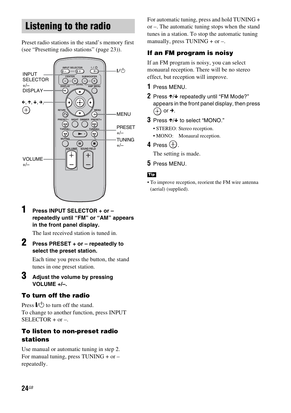 Listening to the radio, If an fm program is noisy, The last received station is tuned in | The setting is made | Sony 4-129-925-11(1) User Manual | Page 24 / 48