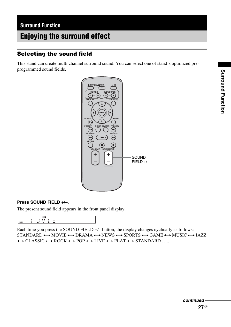 Surround function, Enjoying the surround effect, Selecting the sound field | Su rr oun d fun ctio n, Press sound field, Continued | Sony 4-129-925-11(1) User Manual | Page 27 / 48