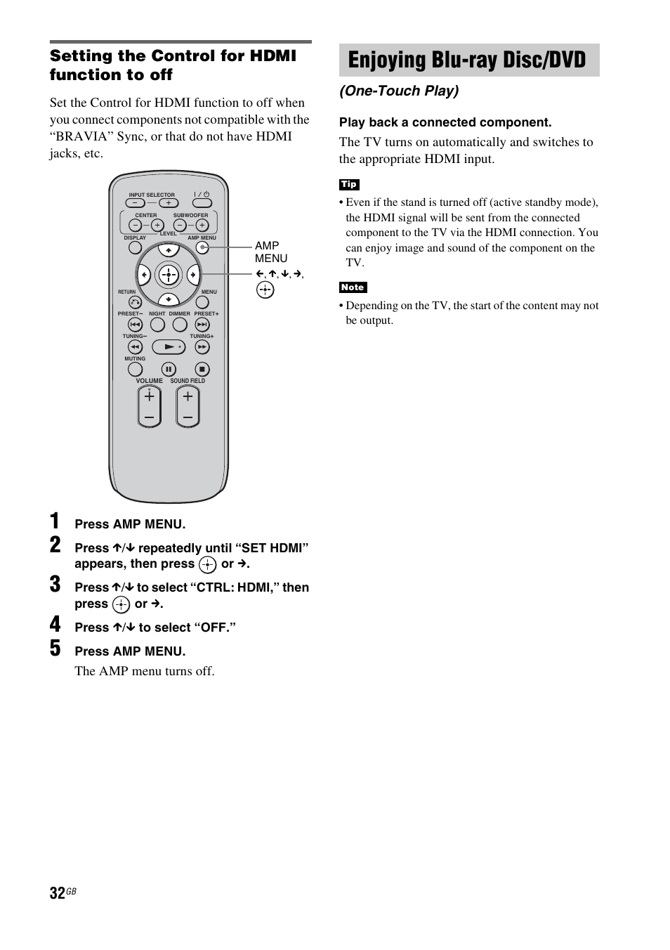 Enjoying blu-ray disc/dvd, One-touch play), Setting the control for hdmi function to off | The amp menu turns off | Sony 4-129-925-11(1) User Manual | Page 32 / 48