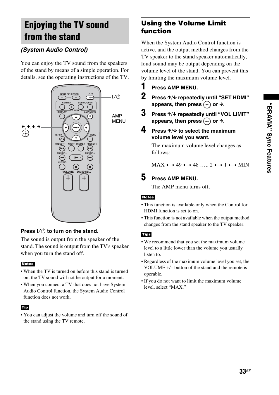 Enjoying the tv sound from the stand, Enjoying the tv sound from the, Stand (system audio control) | Using the volume limit function, System audio control) | Sony 4-129-925-11(1) User Manual | Page 33 / 48