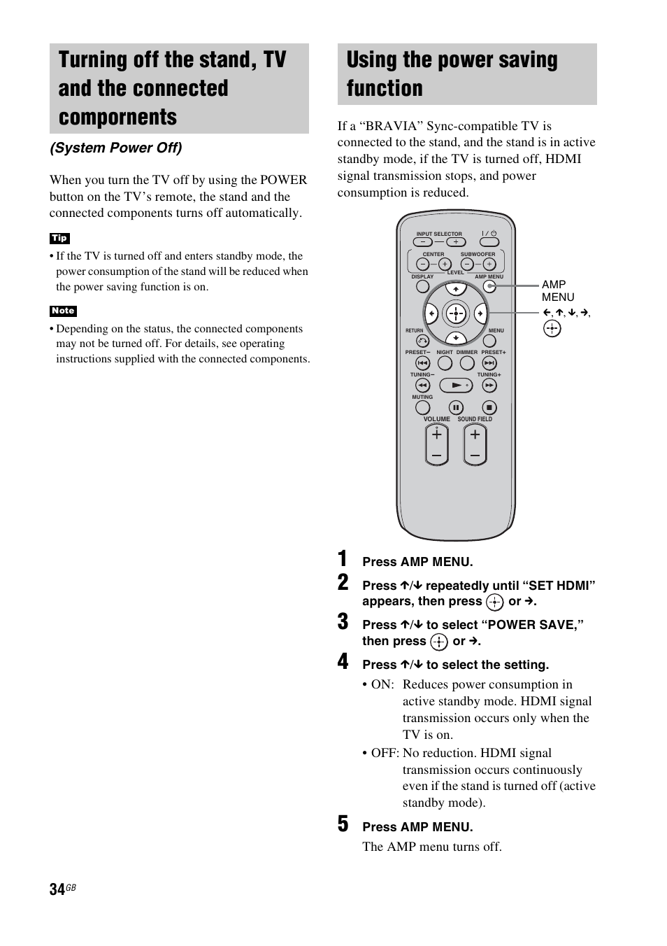 Using the power saving function, Turning off the stand, tv and the, Connected compornents (system power off) | System power off), The amp menu turns off | Sony 4-129-925-11(1) User Manual | Page 34 / 48