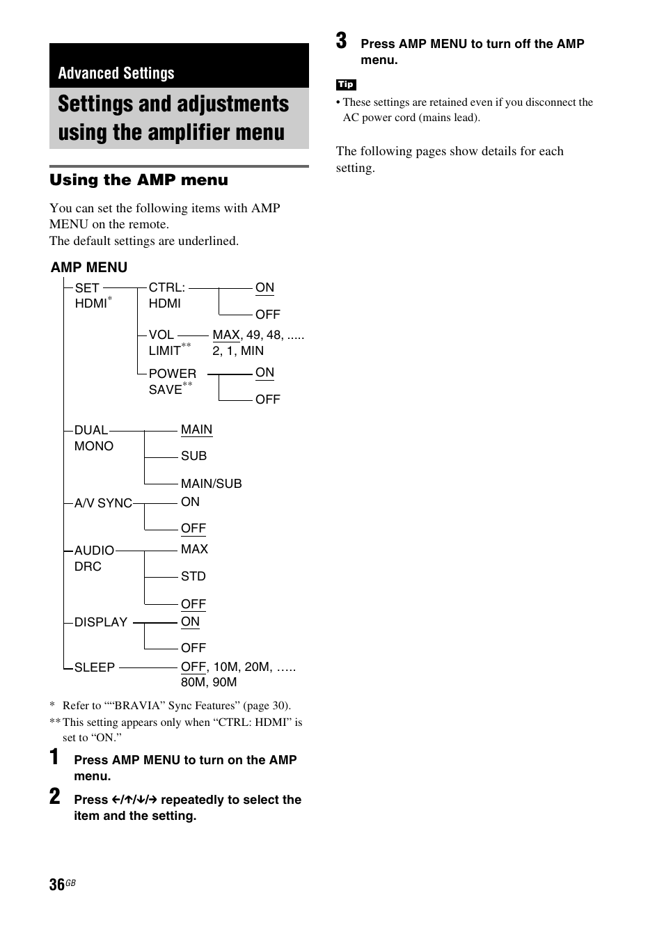 Advanced settings, Settings and adjustments using the amplifier menu, Settings and adjustments using the | Amplifier menu, Using the amp menu | Sony 4-129-925-11(1) User Manual | Page 36 / 48