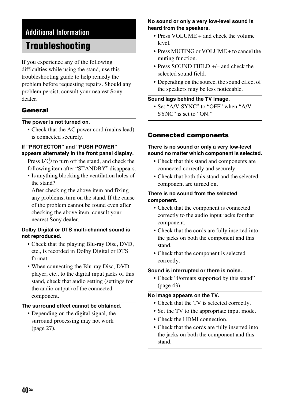 Additional information, Troubleshooting | Sony 4-129-925-11(1) User Manual | Page 40 / 48