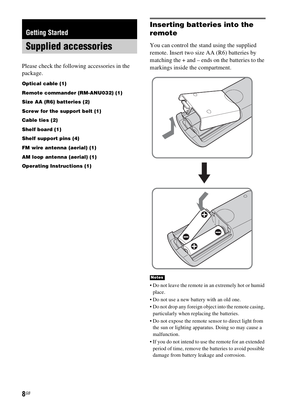 Getting started, Supplied accessories, Inserting batteries into the remote | Sony 4-129-925-11(1) User Manual | Page 8 / 48