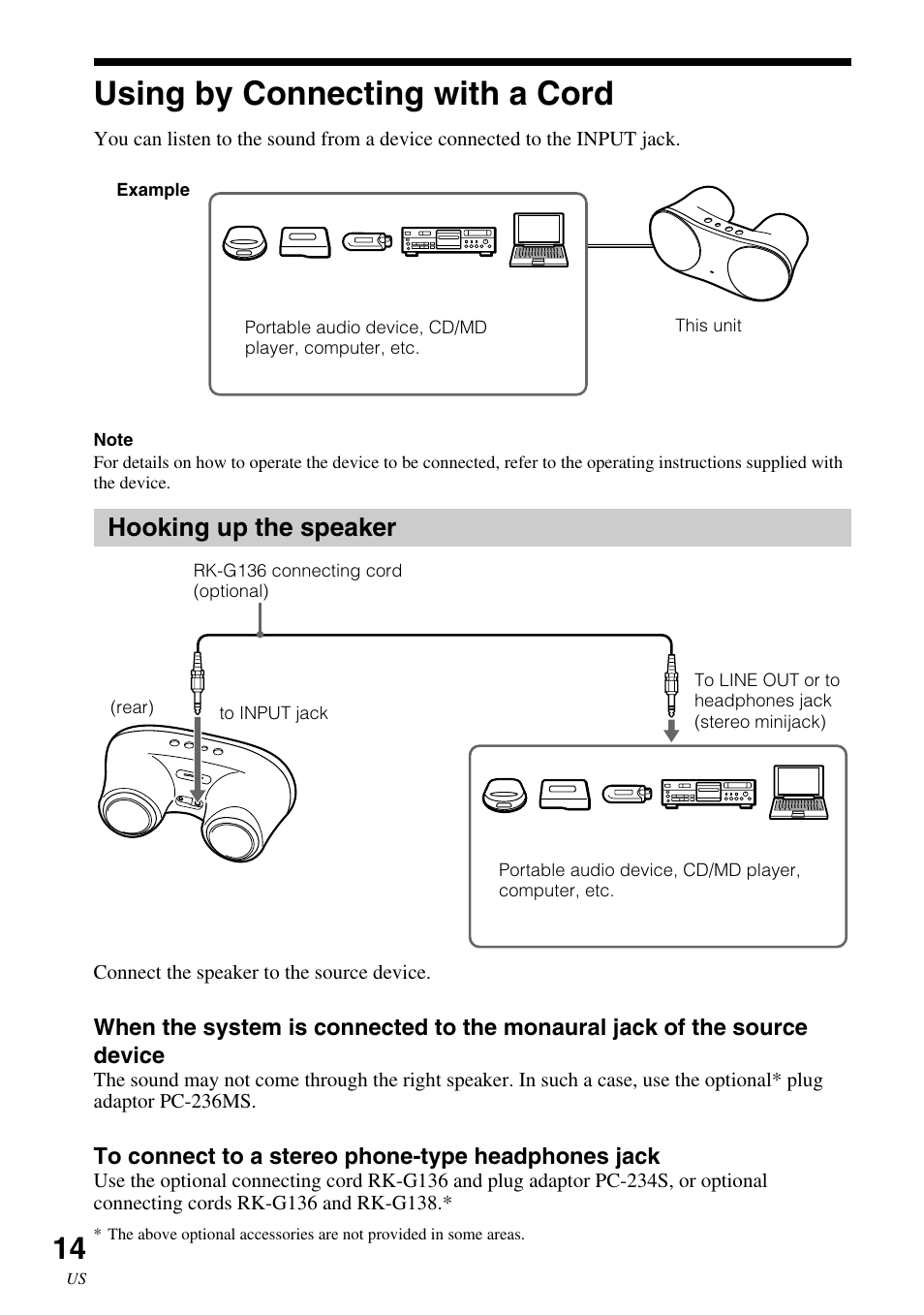 Using by connecting with a cord, Hooking up the speaker, Using by connecting with a | Cord | Sony SRS-BTM30 User Manual | Page 14 / 64