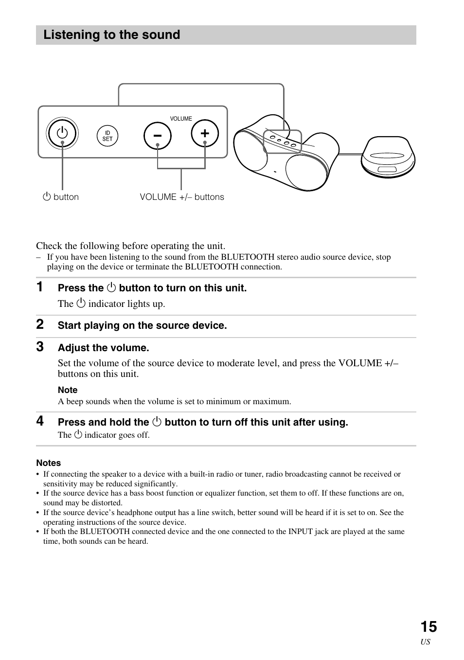 Listening to the sound | Sony SRS-BTM30 User Manual | Page 15 / 64