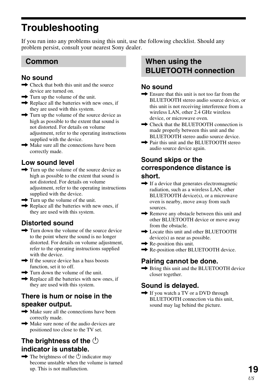 Troubleshooting, Common, When using the bluetooth connection | Common when using the bluetooth, Connection | Sony SRS-BTM30 User Manual | Page 19 / 64