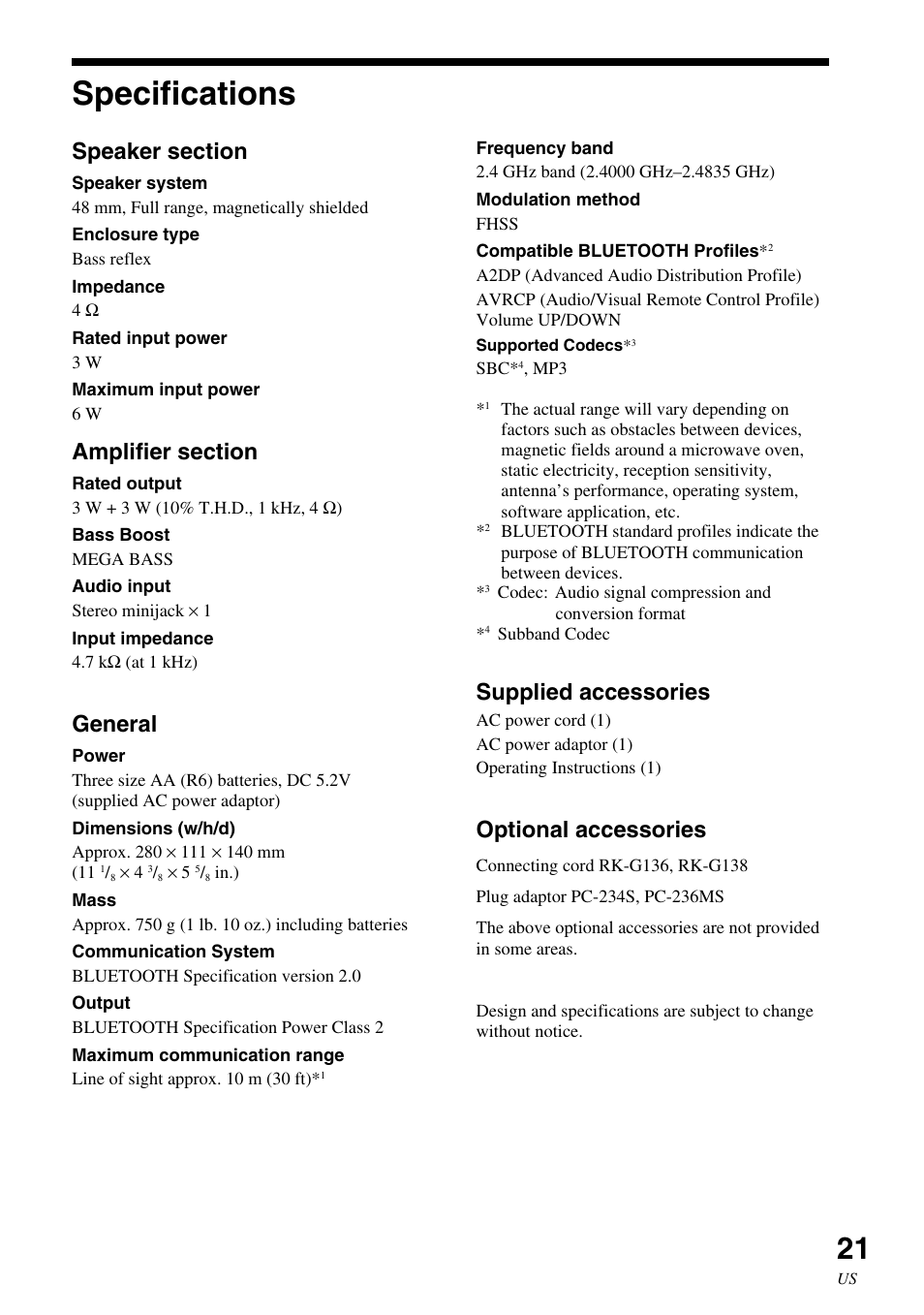 Specifications, General, Supplied accessories | Optional accessories | Sony SRS-BTM30 User Manual | Page 21 / 64