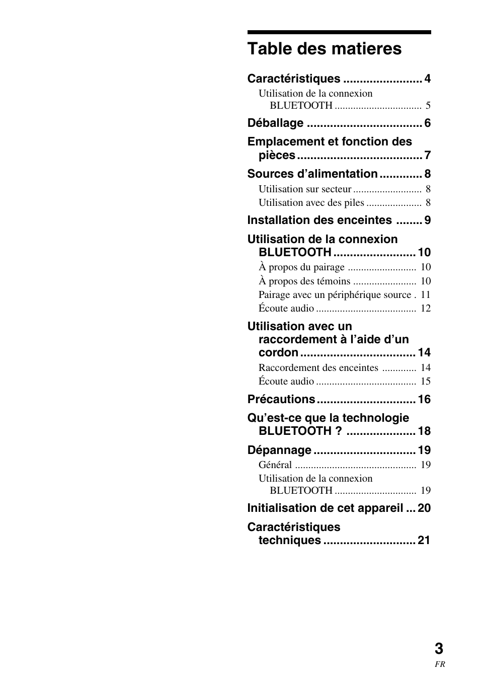 Table des matieres | Sony SRS-BTM30 User Manual | Page 23 / 64