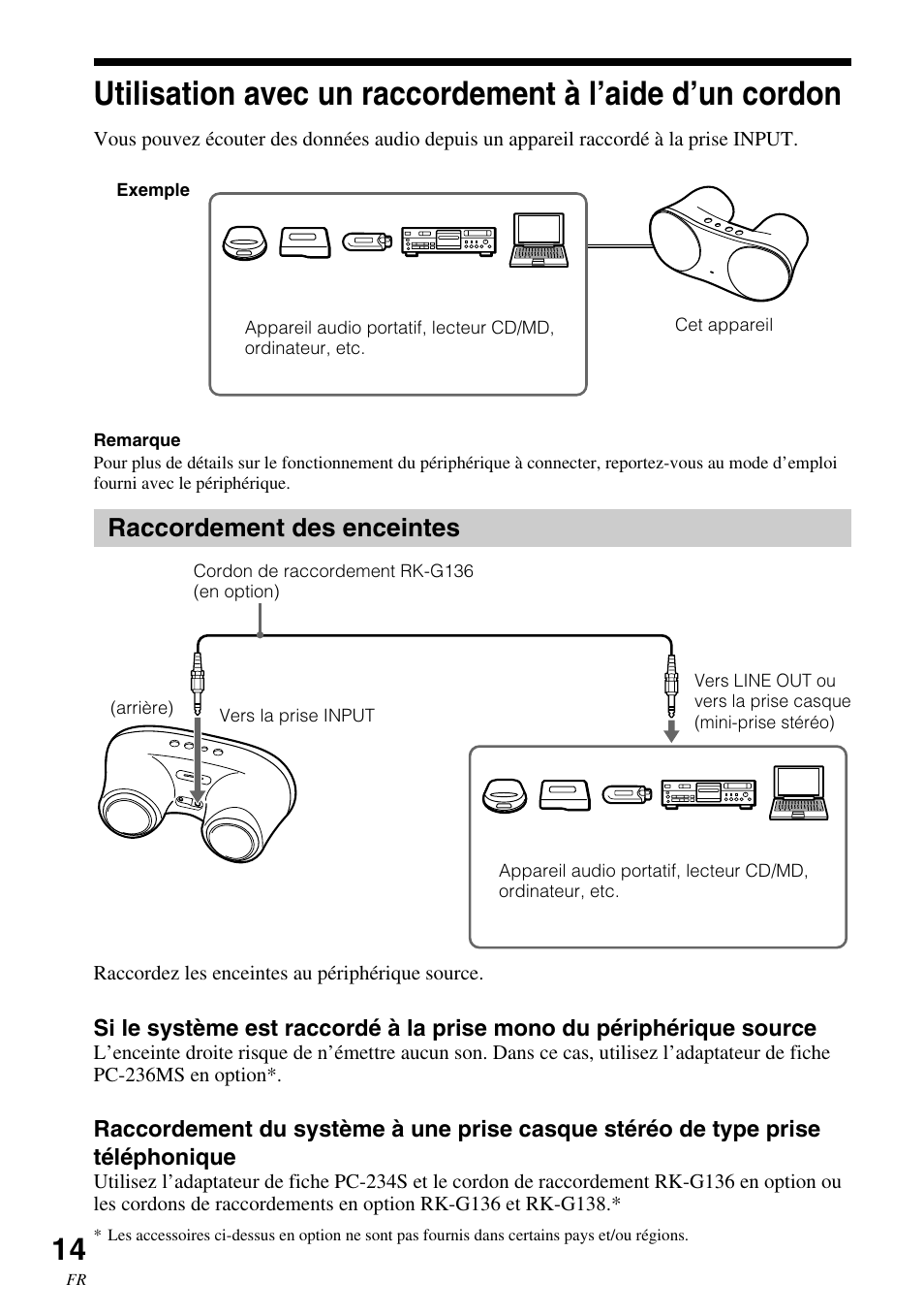 Raccordement des enceintes, Utilisation avec un, Raccordement à l’aide d’un cordon | Sony SRS-BTM30 User Manual | Page 34 / 64