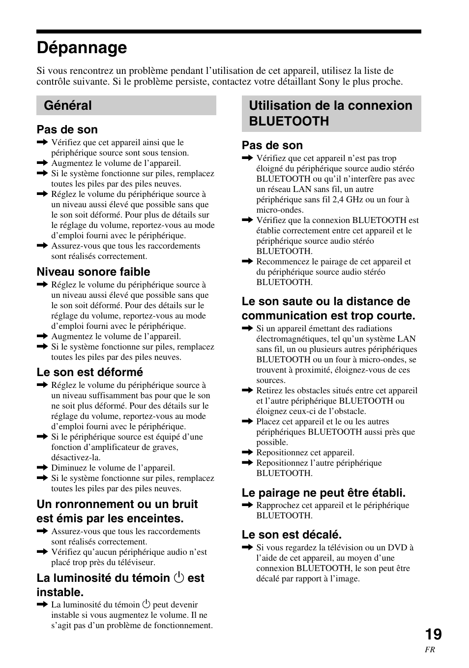 Dépannage, Général, Utilisation de la connexion bluetooth | Général utilisation de la connexion, Bluetooth | Sony SRS-BTM30 User Manual | Page 39 / 64