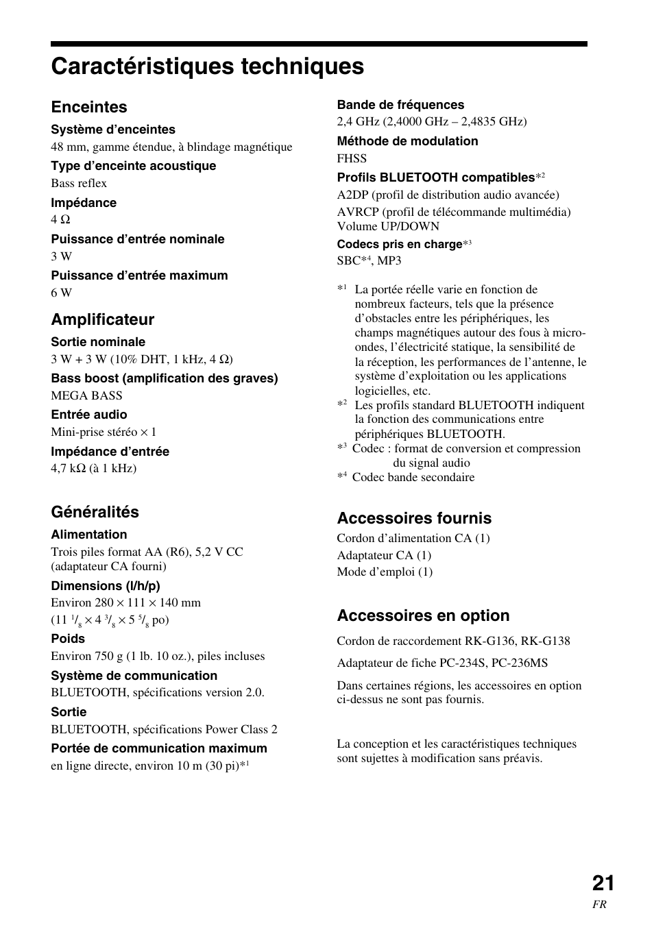 Caractéristiques techniques, Caractéristiques, Techniques | Enceintes, Amplificateur, Généralités, Accessoires fournis, Accessoires en option | Sony SRS-BTM30 User Manual | Page 41 / 64