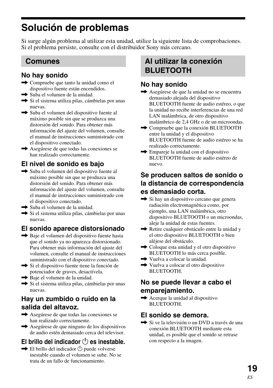 Solución de problemas, Comunes, Al utilizar la conexión bluetooth | Comunes al utilizar la conexión, Bluetooth | Sony SRS-BTM30 User Manual | Page 59 / 64