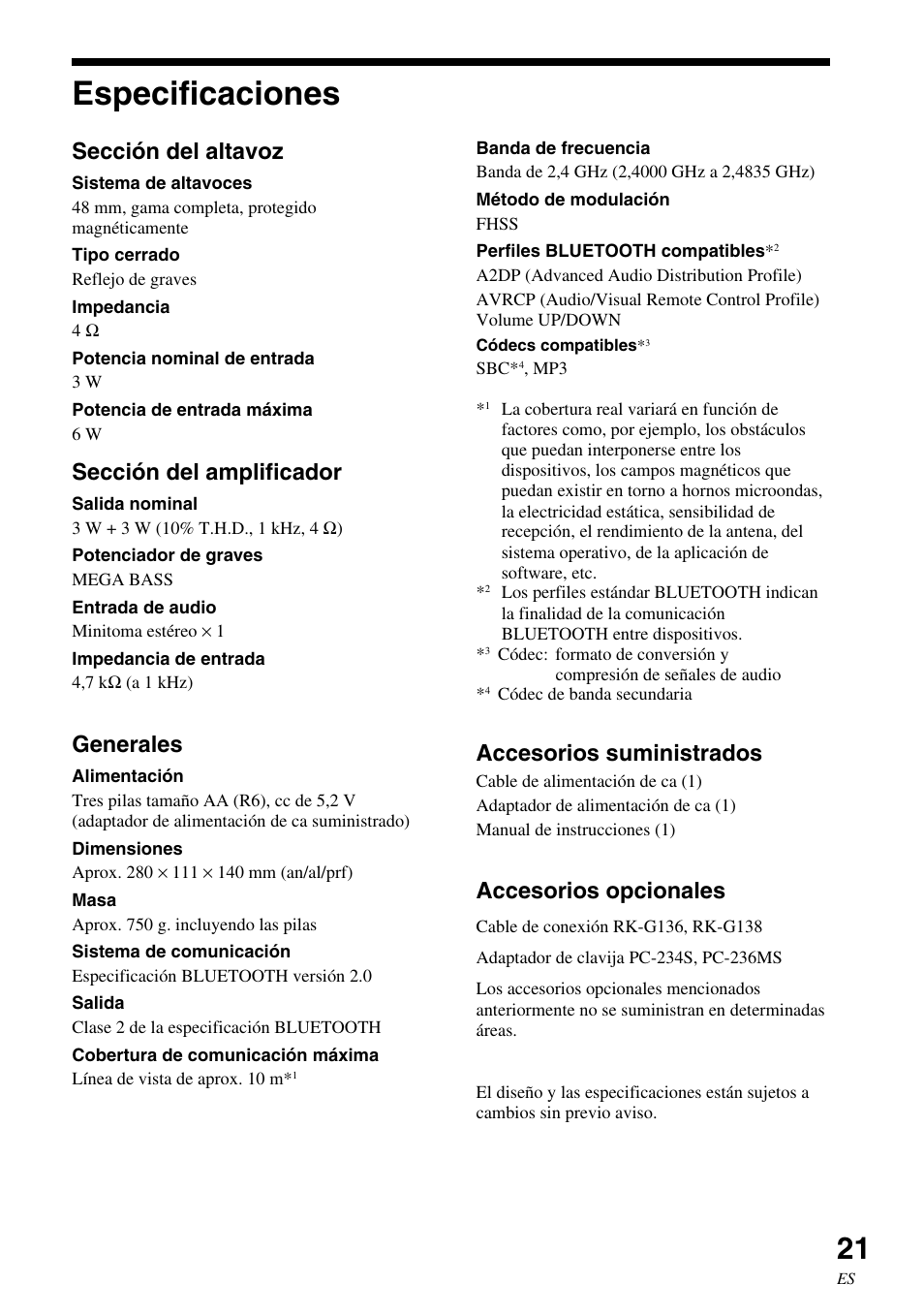 Especificaciones, Sección del altavoz, Sección del amplificador | Generales, Accesorios suministrados, Accesorios opcionales | Sony SRS-BTM30 User Manual | Page 61 / 64