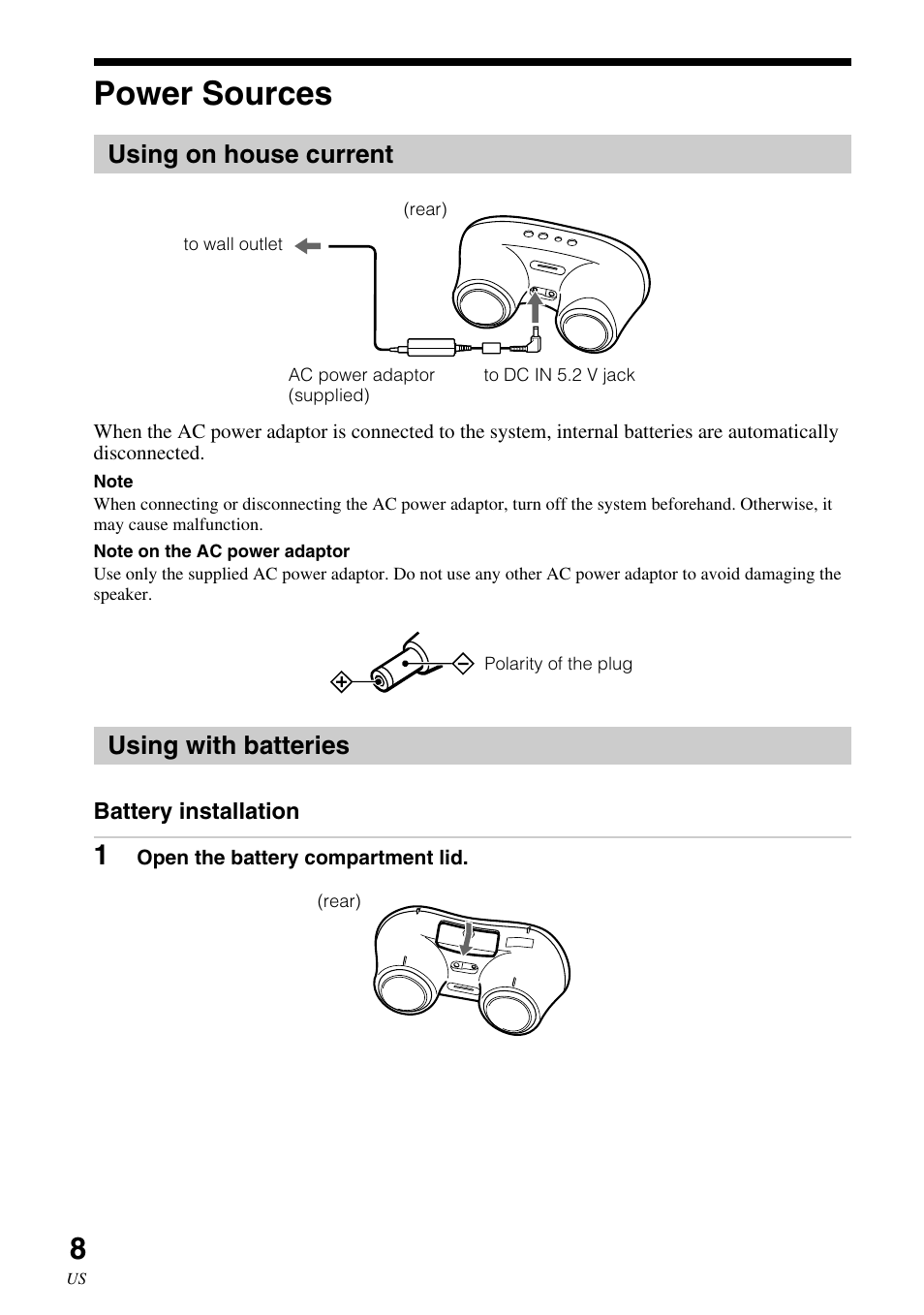 Power sources, Using on house current, Using with batteries | Using on house current using with batteries | Sony SRS-BTM30 User Manual | Page 8 / 64