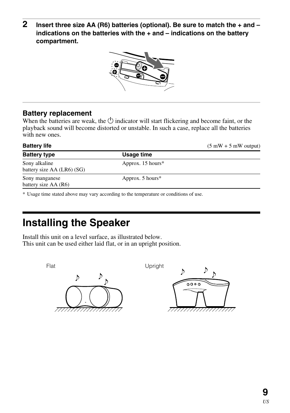 Installing the speaker | Sony SRS-BTM30 User Manual | Page 9 / 64