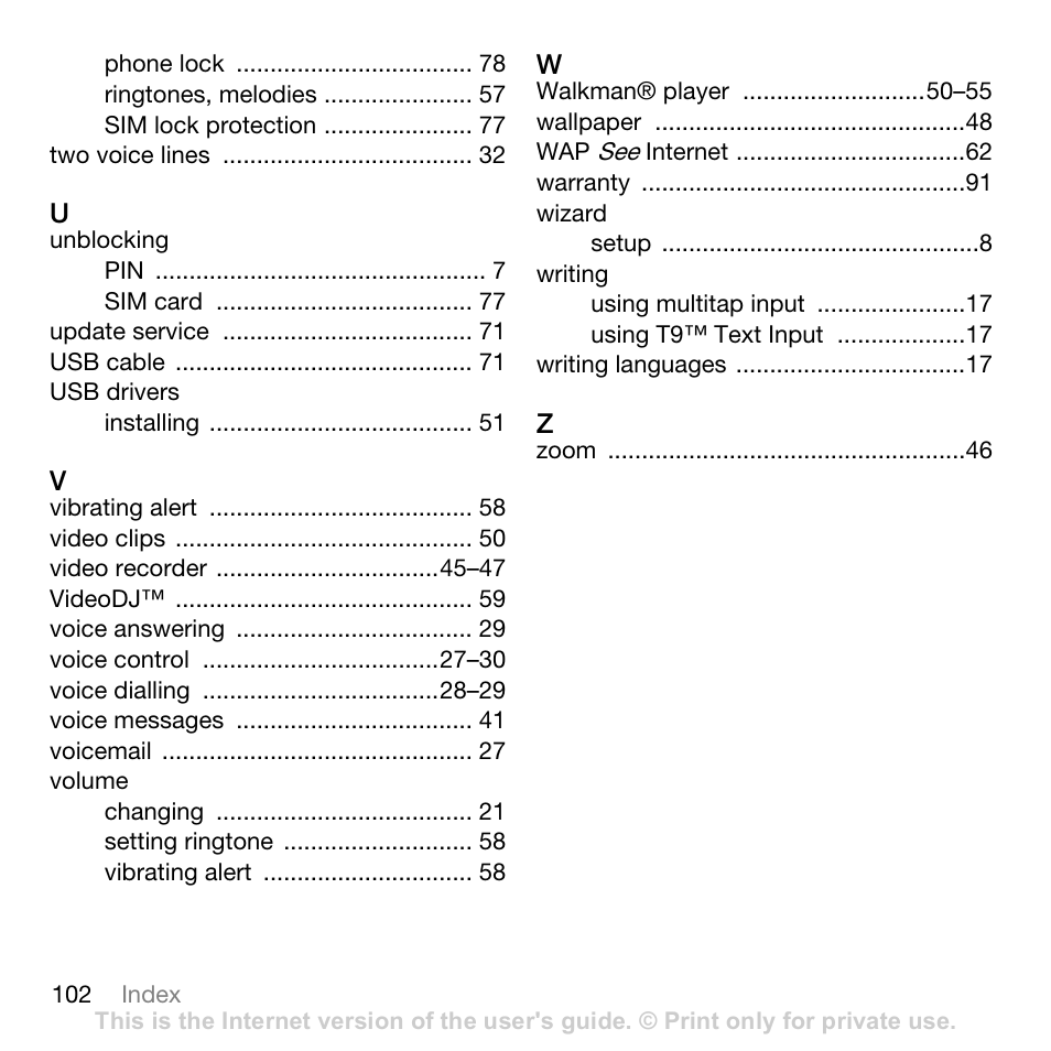 Sony W700i User Manual | Page 102 / 102