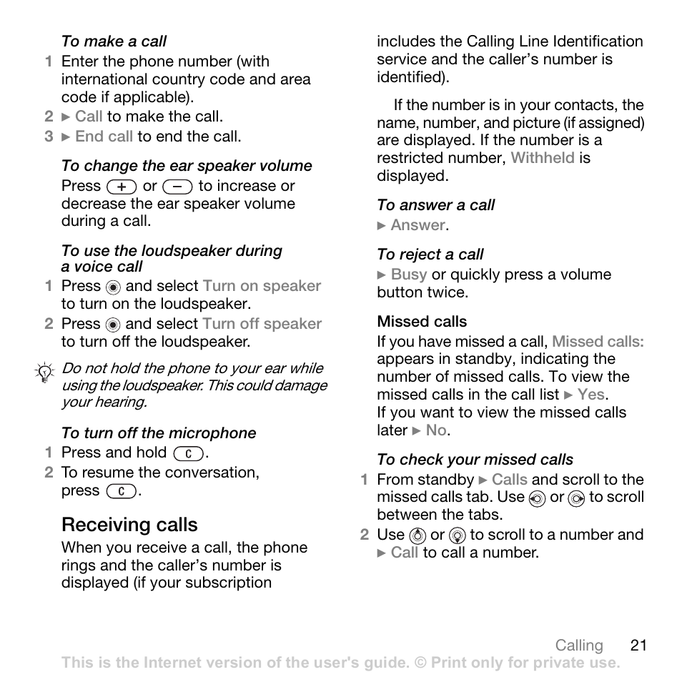 Receiving calls | Sony W700i User Manual | Page 21 / 102