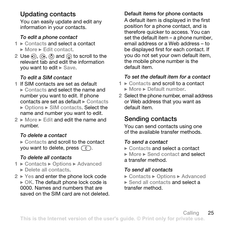 Updating contacts, Sending contacts | Sony W700i User Manual | Page 25 / 102