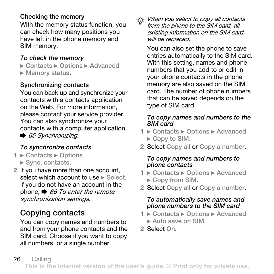 Copying contacts | Sony W700i User Manual | Page 26 / 102
