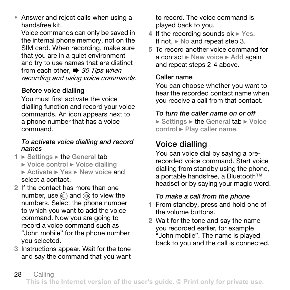 Voice dialling | Sony W700i User Manual | Page 28 / 102