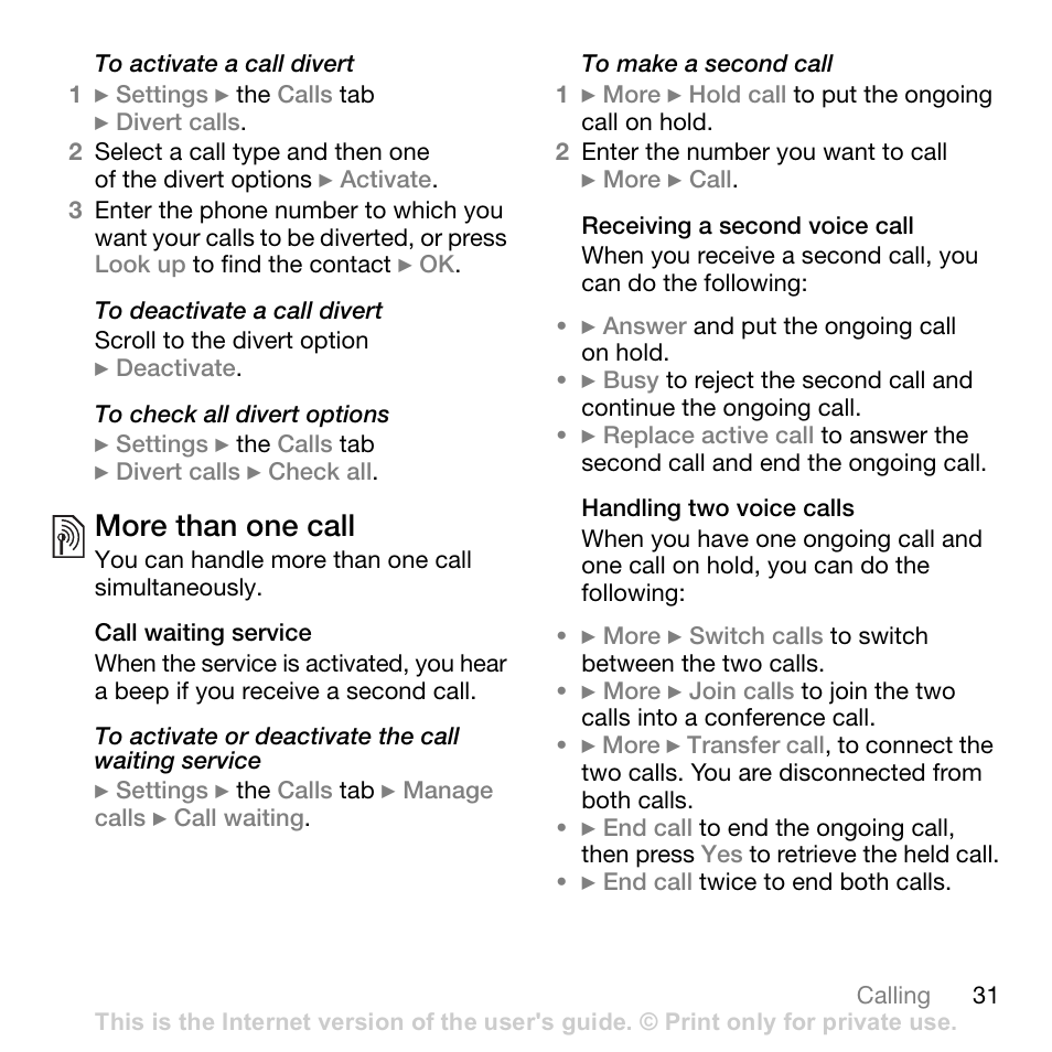 More than one call | Sony W700i User Manual | Page 31 / 102