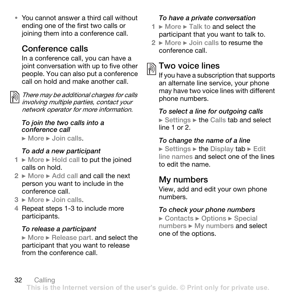 Conference calls, Two voice lines, My numbers | Sony W700i User Manual | Page 32 / 102