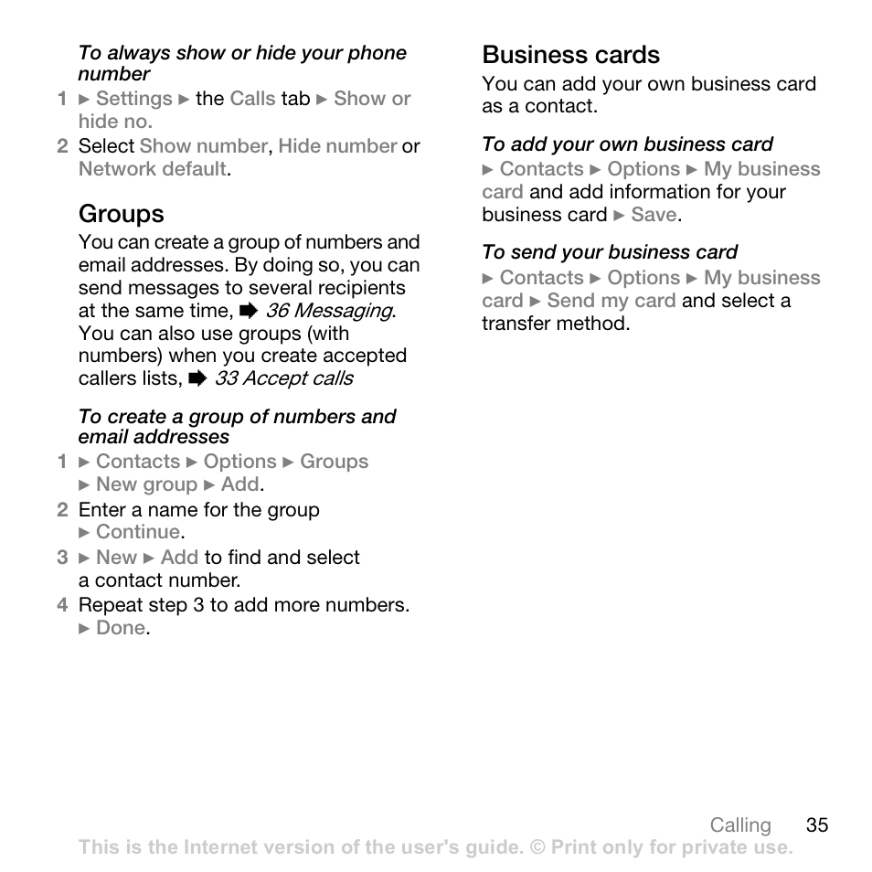 Groups, Business cards | Sony W700i User Manual | Page 35 / 102