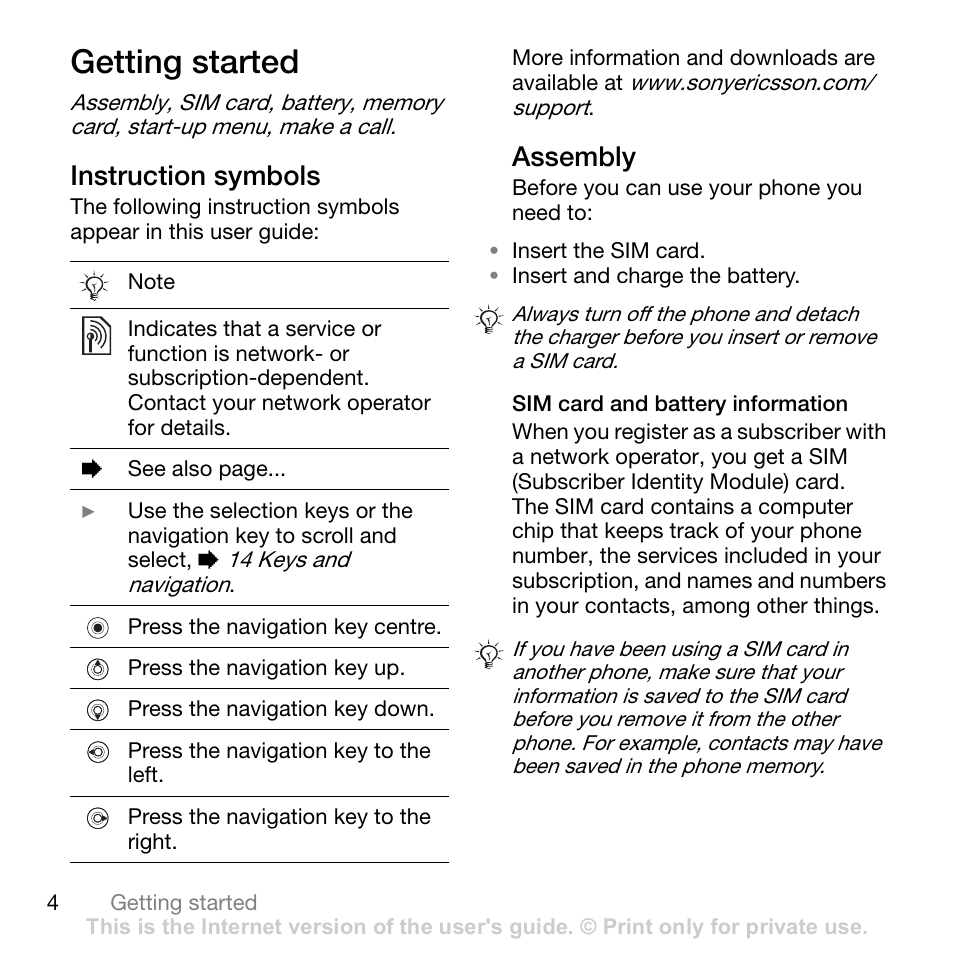 Getting started, Instruction symbols, Assembly | Sony W700i User Manual | Page 4 / 102