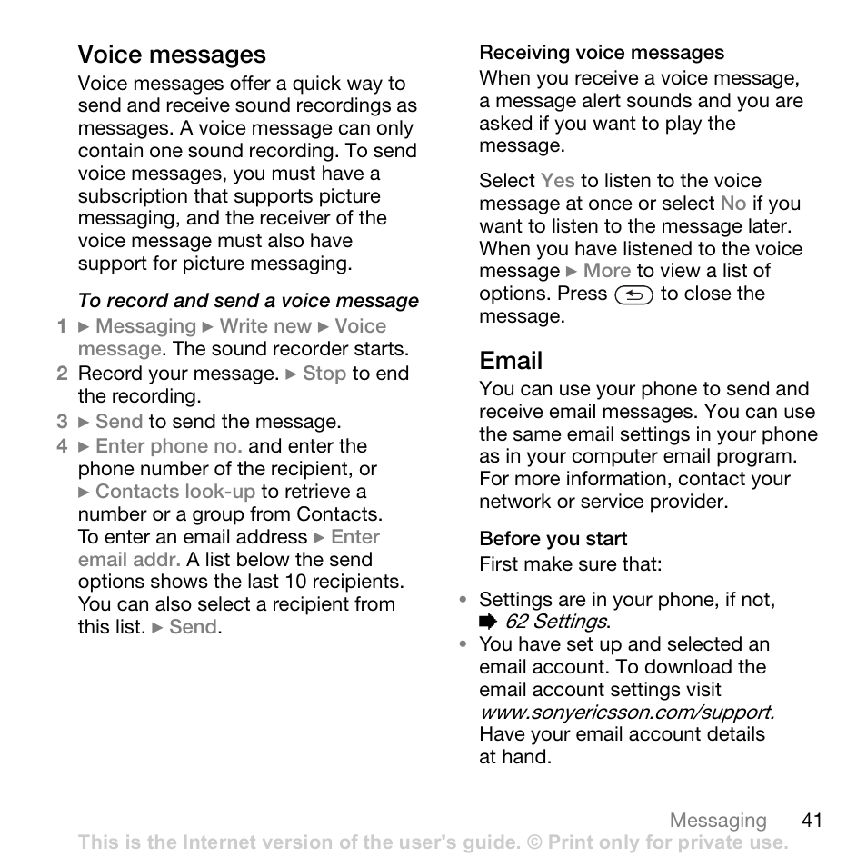 Voice messages, Email | Sony W700i User Manual | Page 41 / 102