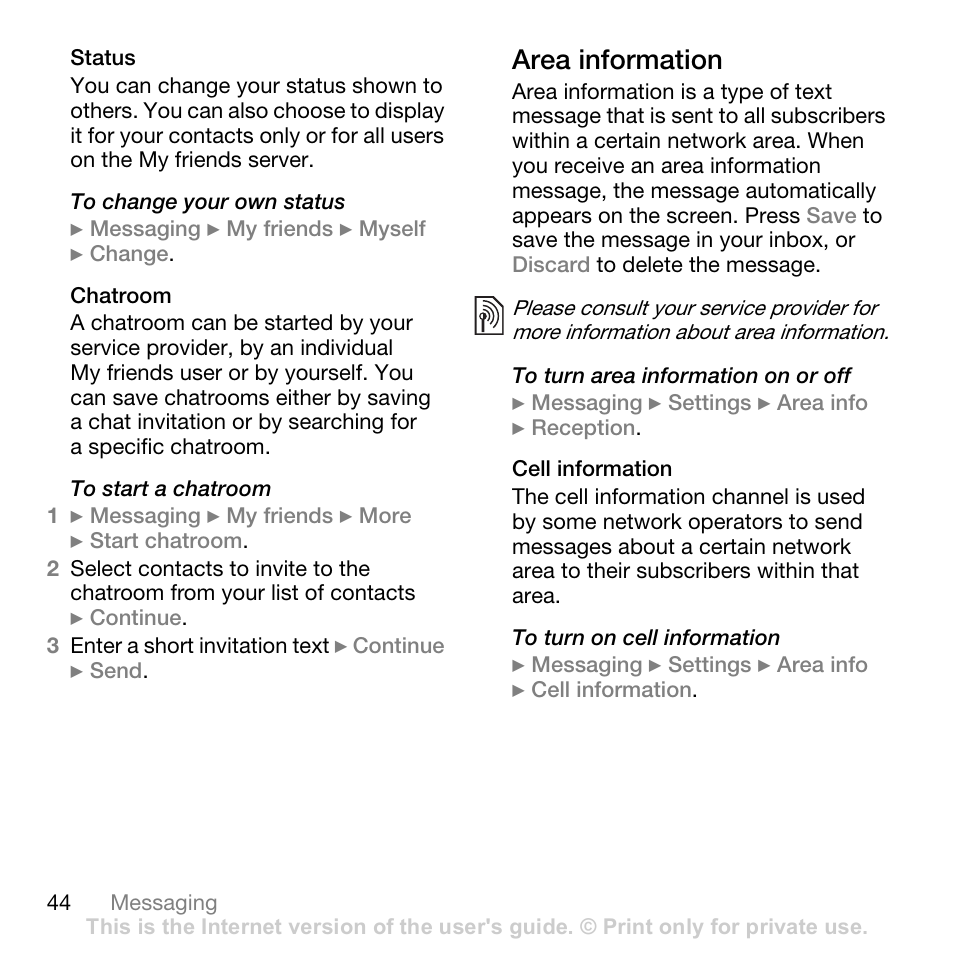 Area information | Sony W700i User Manual | Page 44 / 102