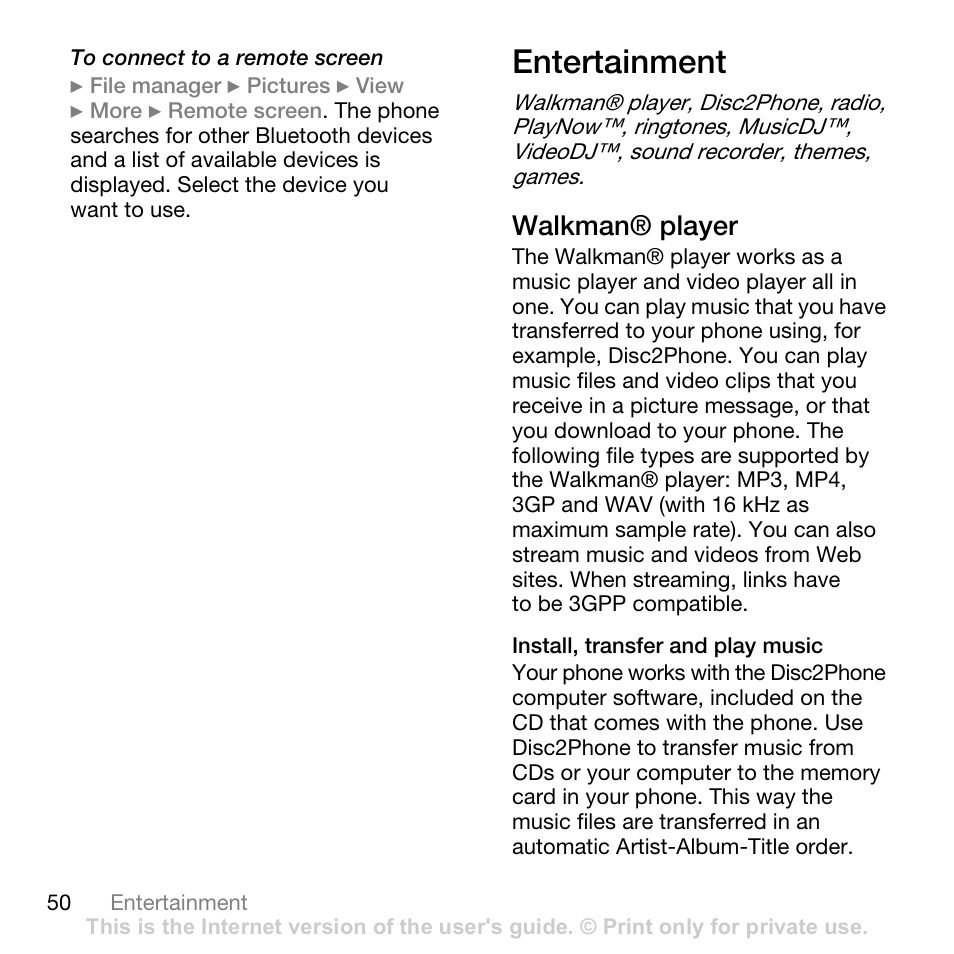 Entertainment, Walkman® player | Sony W700i User Manual | Page 50 / 102