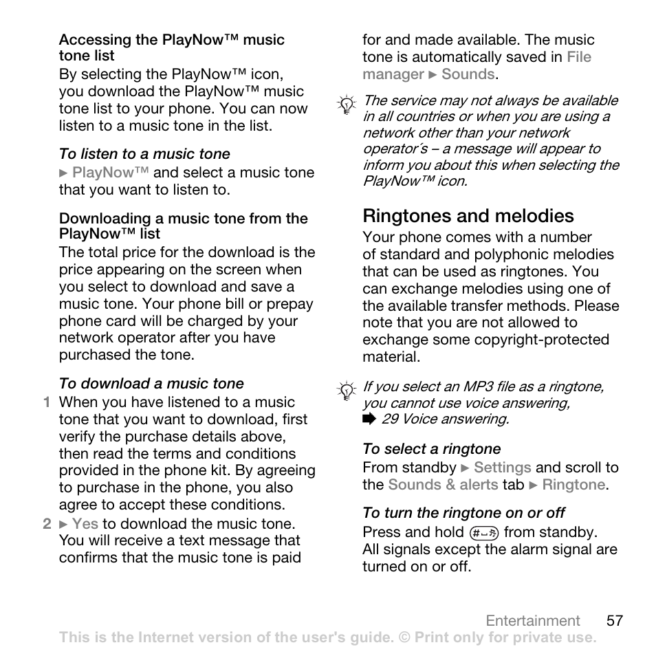 Ringtones and melodies | Sony W700i User Manual | Page 57 / 102