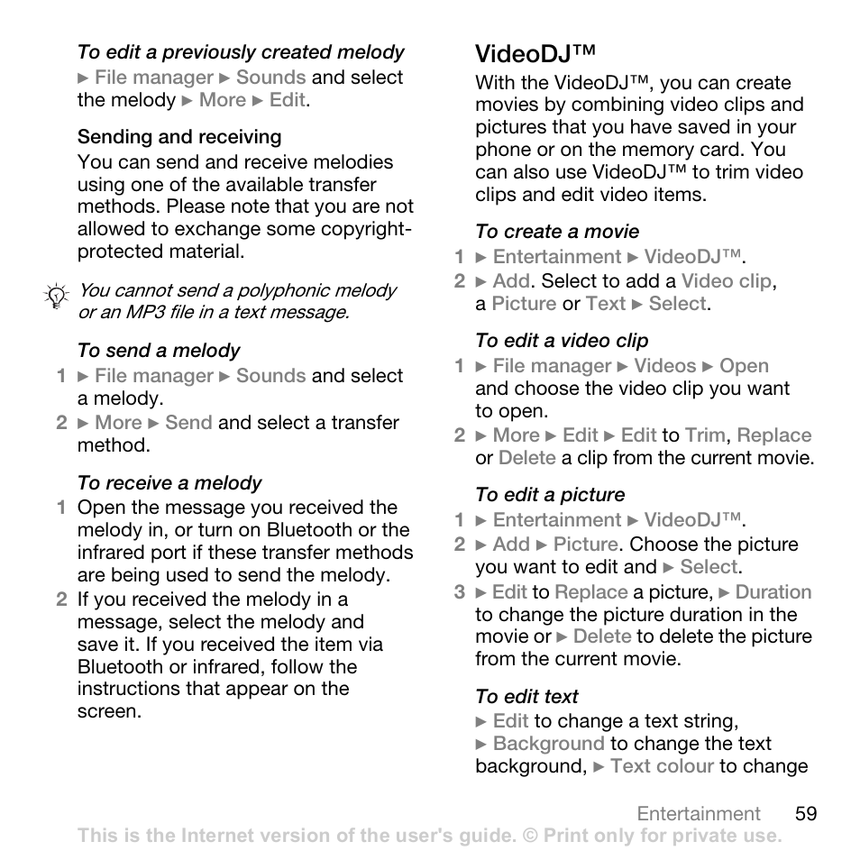 Videodj | Sony W700i User Manual | Page 59 / 102