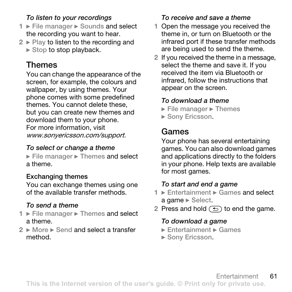Themes, Games | Sony W700i User Manual | Page 61 / 102