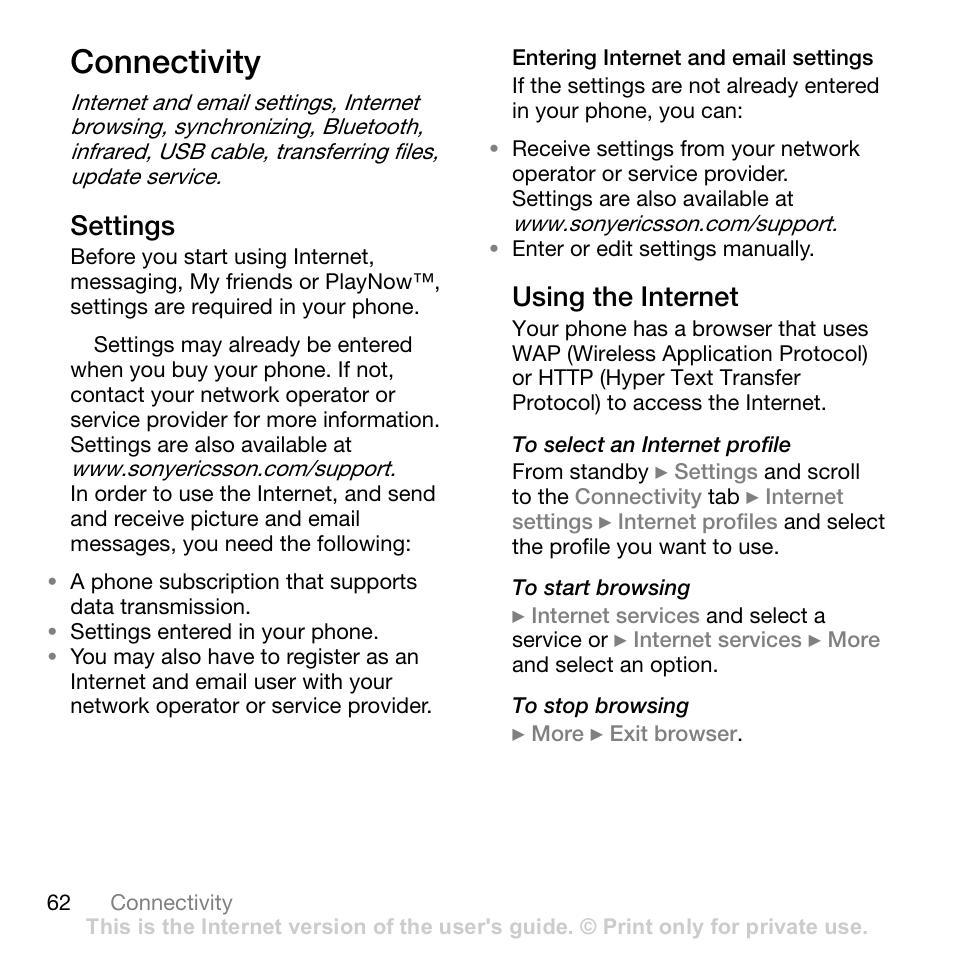 Connectivity, 62 settings, In your phone | Settings, Using the internet | Sony W700i User Manual | Page 62 / 102