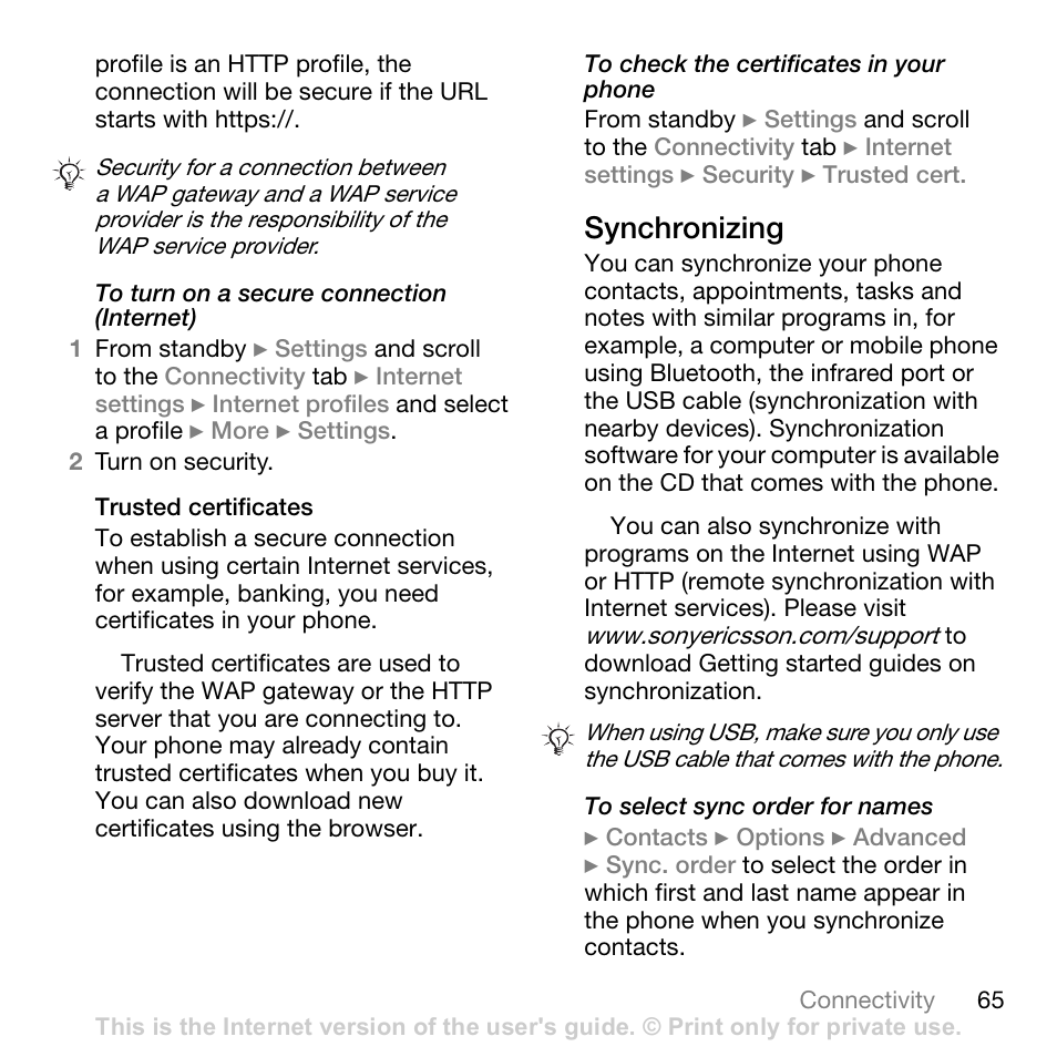 Synchronizing | Sony W700i User Manual | Page 65 / 102