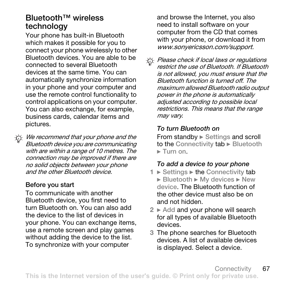 Bluetooth™ wireless technology | Sony W700i User Manual | Page 67 / 102