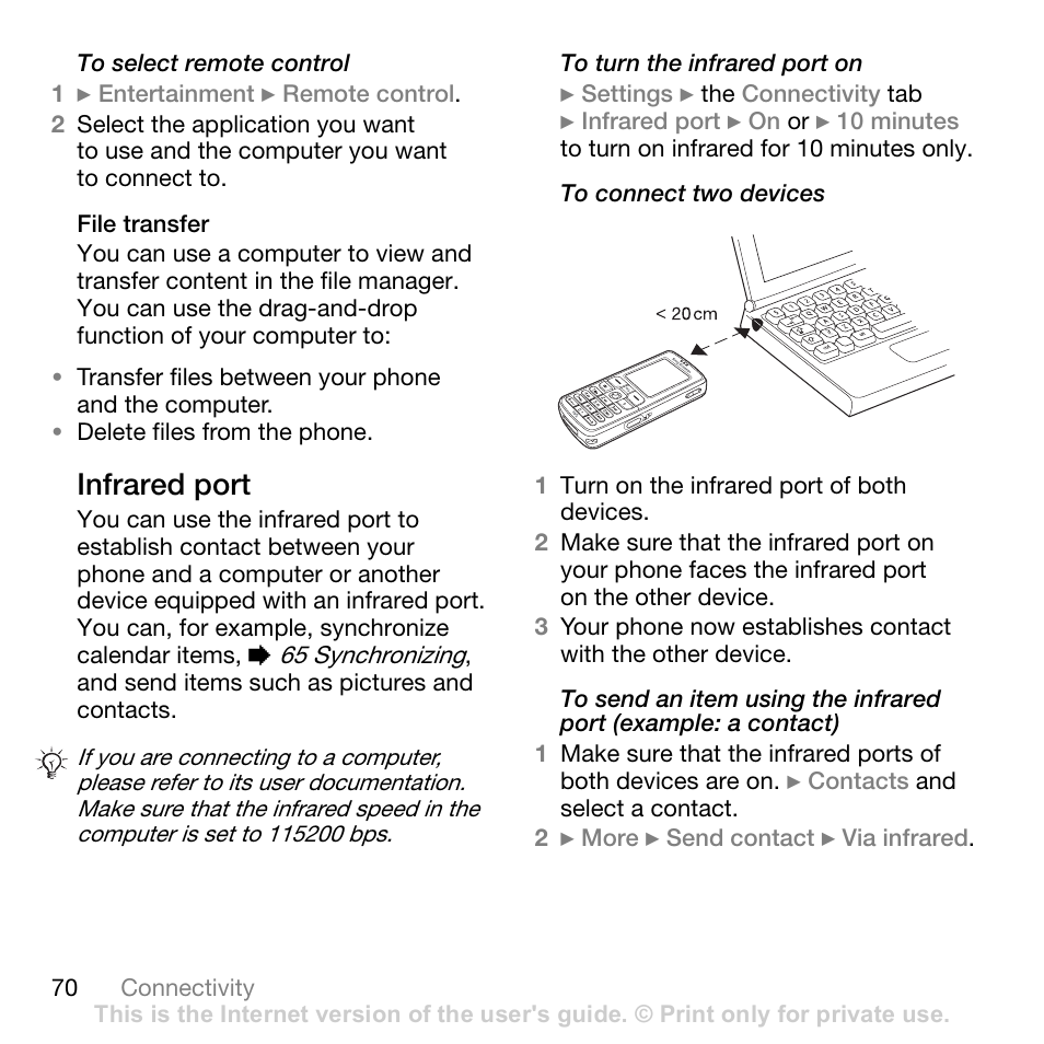 Infrared port | Sony W700i User Manual | Page 70 / 102