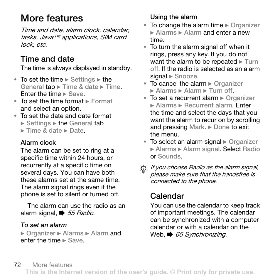 More features, Time and date, Calendar | Sony W700i User Manual | Page 72 / 102