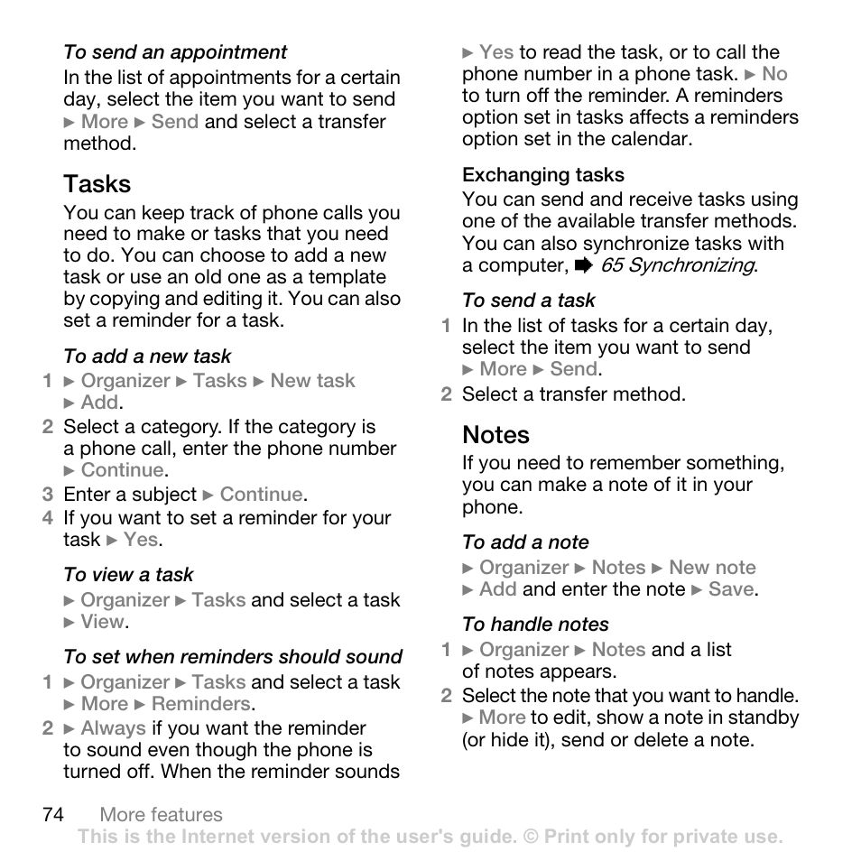 Tasks | Sony W700i User Manual | Page 74 / 102
